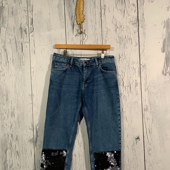 Zara Blue Medium Wash Sequins Bottom Straight Cropped Jeans Sz 8 EUC - Picture 3 of 14